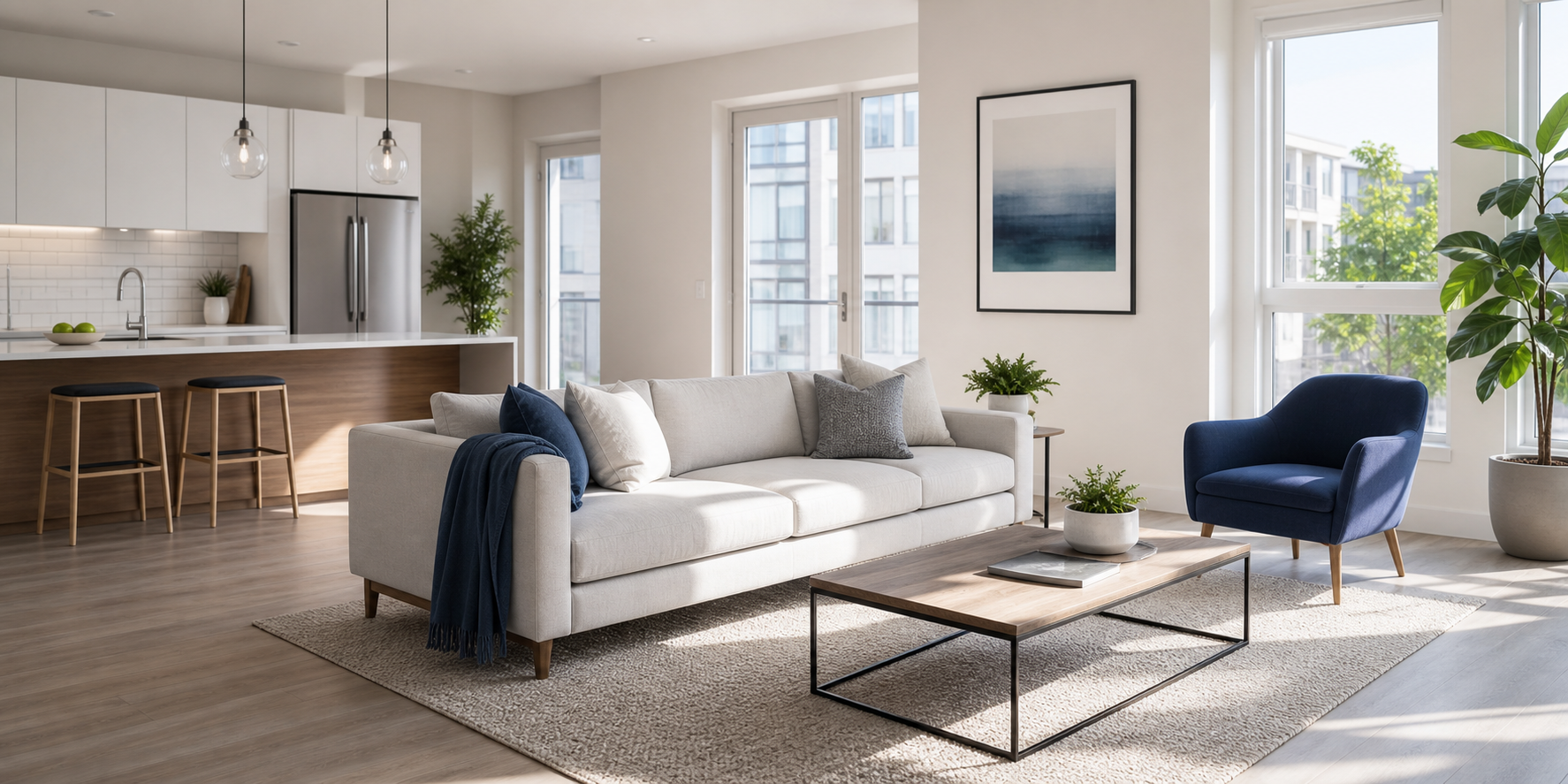 Bright modern apartment living room representing a managed rental property